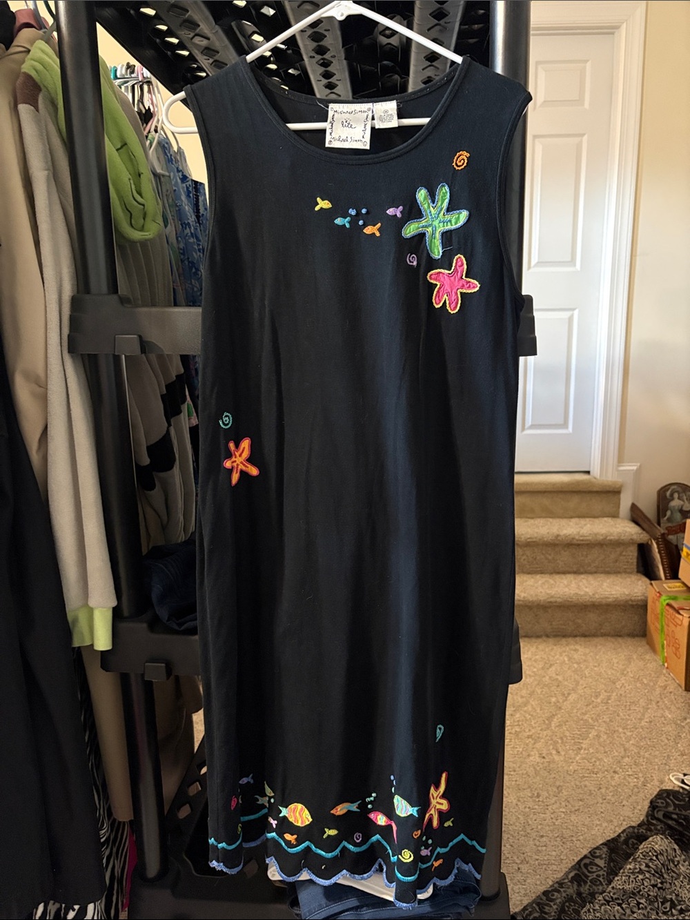 Michael Simon Lite Black Fish Ocean Embroidered‎ Sleeveless Dress